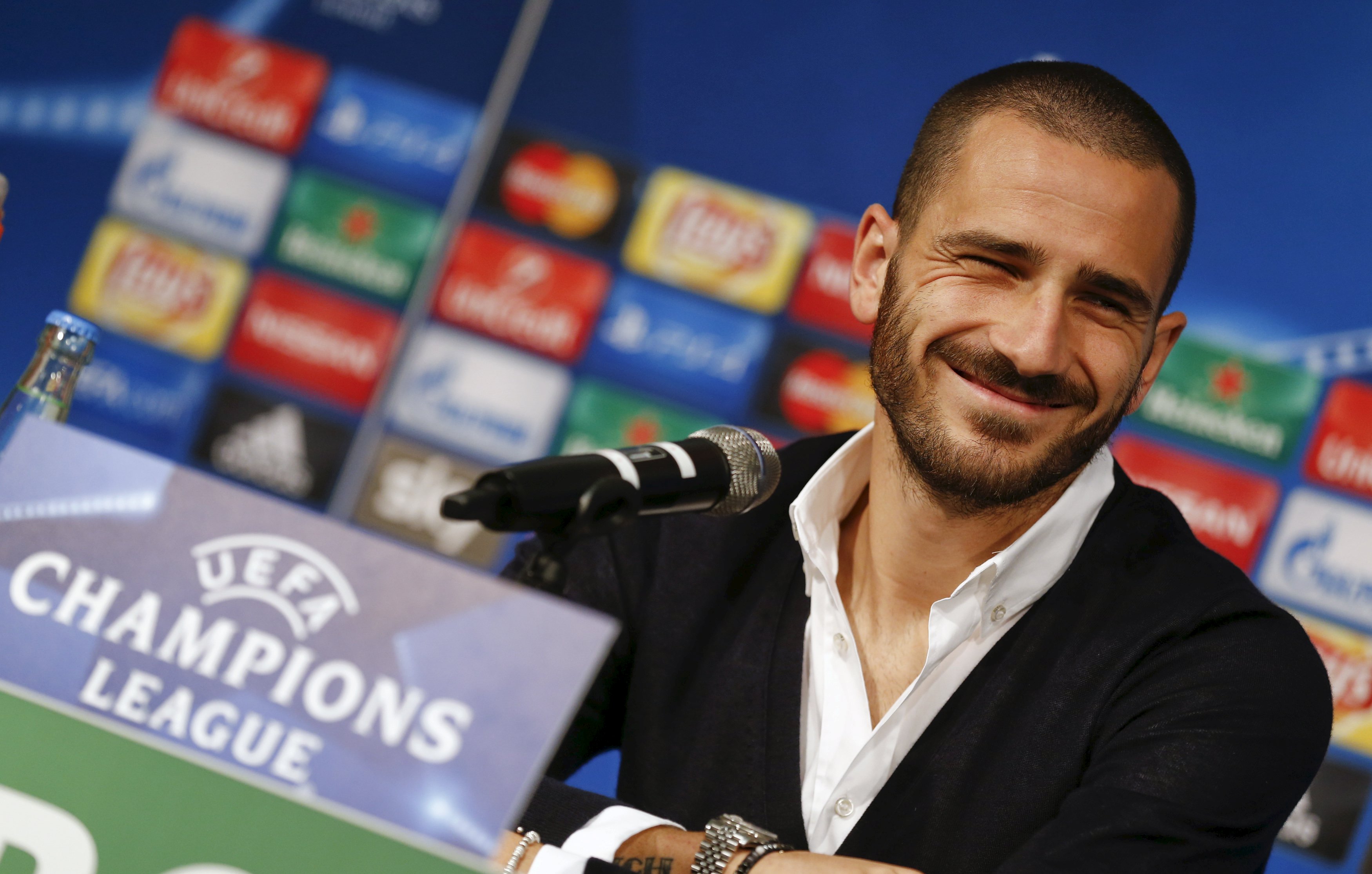 Juventus' Leonardo Bonucci addresses a news conference on the eve of their Champions League Group D soccer match against Borussia Moenchengladbach in Moenchengladbach