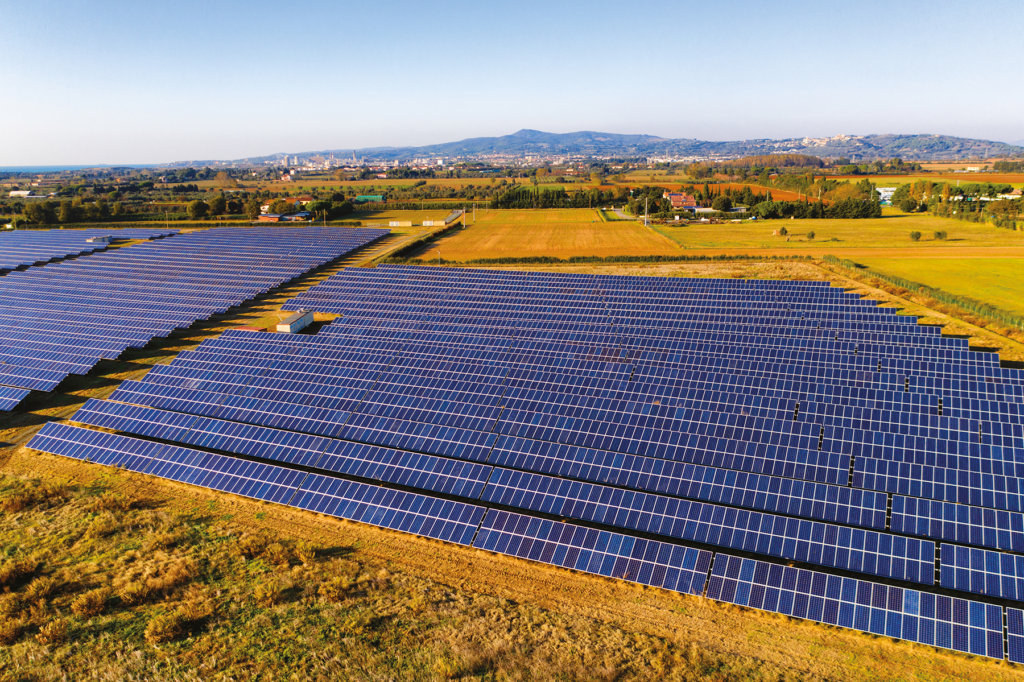 Aerial view of Solar Panel in Tuscany, Italy